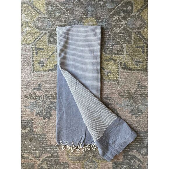 Threshold Half Striped Blue Denim Tassel Bottom Bath Shower Curtain - Picture 1 of 6